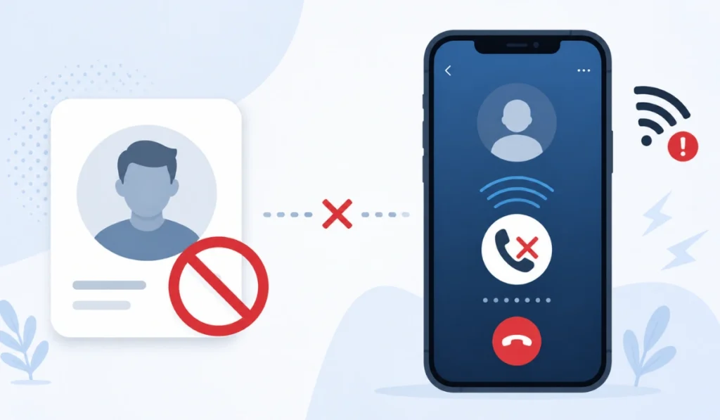 Illustration showing a blocked contact card and a phone call screen with failed connection symbols for Botim call issues.