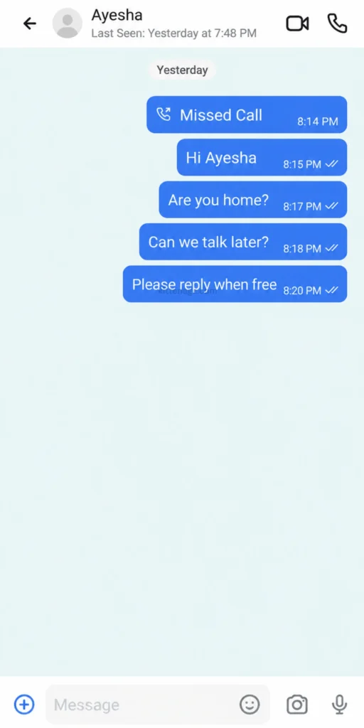 Botim chat screenshot showing an empty default profile picture for Ayesha, with yesterday’s missed call and unanswered messages.