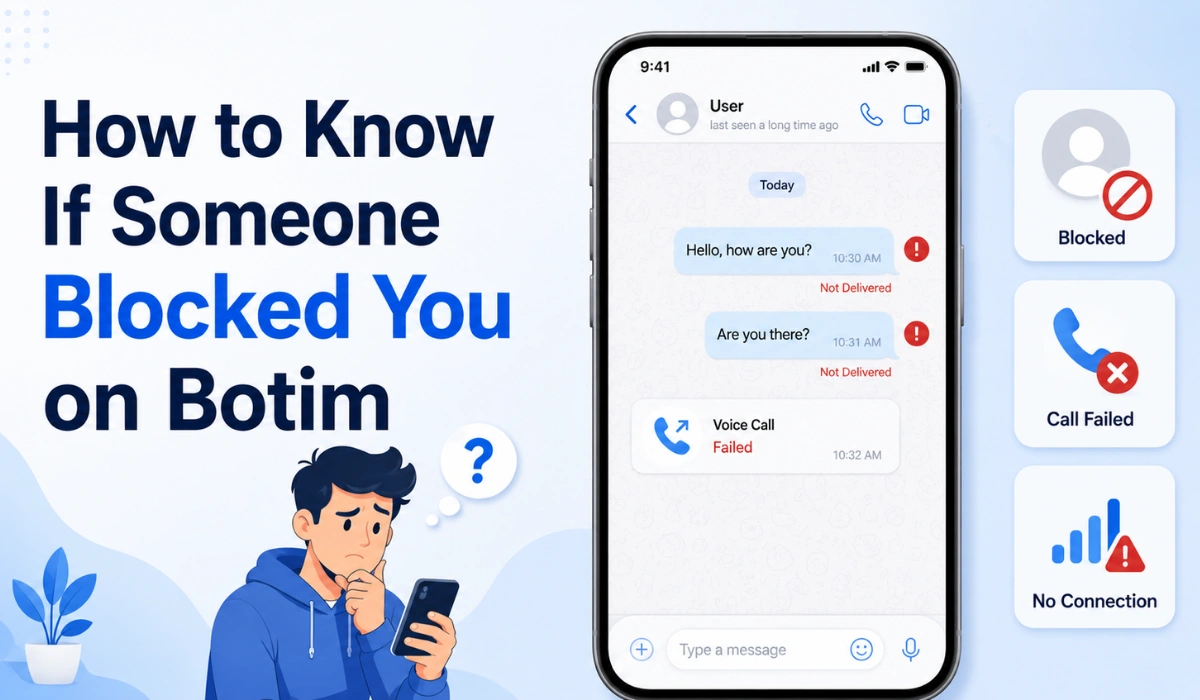 Hero image for Botim blocking guide showing a worried cartoon user, failed messages, call failed, blocked profile, and no connection signs.