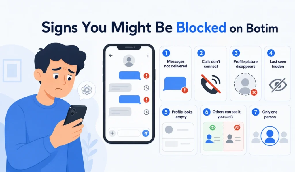 Sad cartoon man looks at his phone beside icons showing 7 signs you might be blocked on Botim, including failed messages and hidden profile.