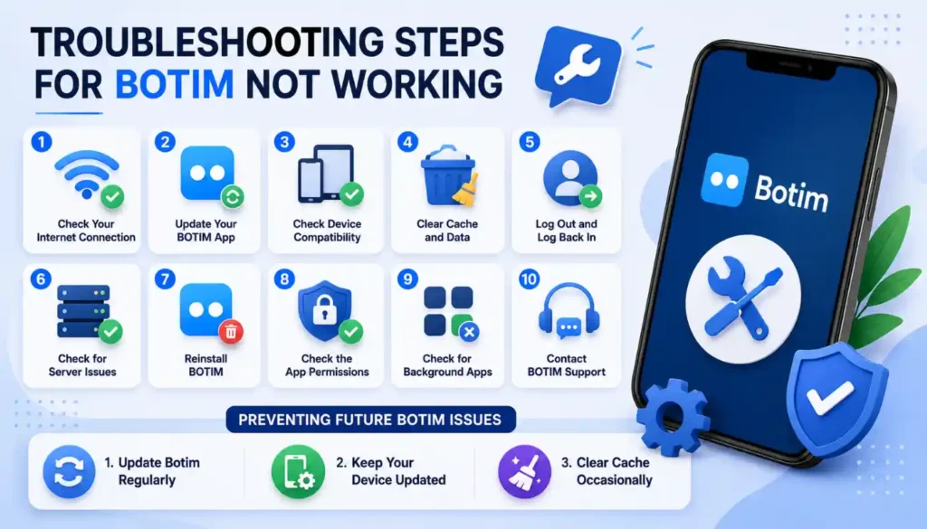 Botim troubleshooting infographic showing fixes for internet connection, app updates, cache clearing, server issues, permissions, and reinstalling the Botim app on smartphone.