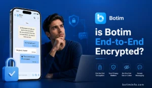 Thoughtful man beside Botim chat screen with lock icons and end-to-end encryption headline image for article A