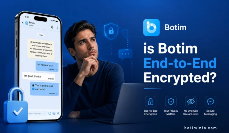 Thoughtful man beside Botim chat screen with lock icons and end-to-end encryption headline image for article A