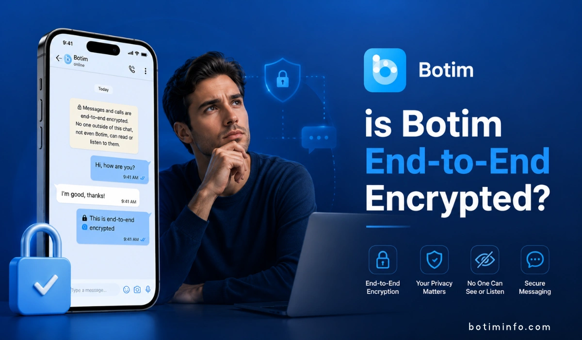 Thoughtful man beside Botim chat screen with lock icons and end-to-end encryption headline image for article A