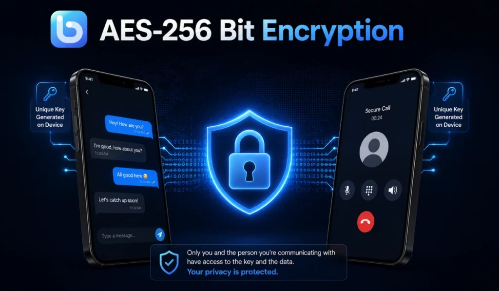 Botim AES-256 end-to-end encryption illustration showing secure messaging and private calls protected with advanced encrypted communication technology.