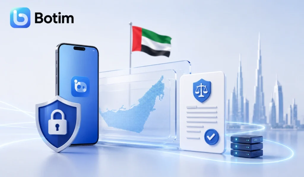 Botim UAE privacy and data protection illustration showing secure mobile communication, legal compliance, encrypted data security shield, UAE digital infrastructure, and protected local data sovereignty systems.
