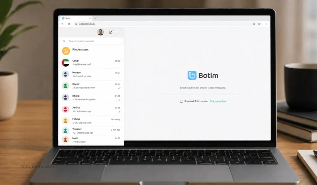 BOTIM Web screenshot on a laptop showing Omar and other chat contacts with updated activity times.