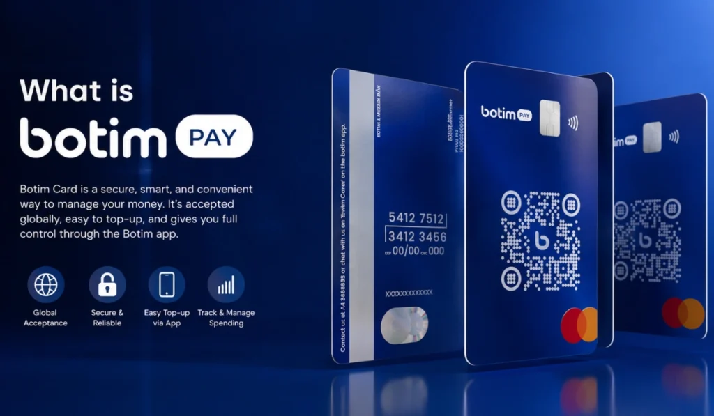What is Botim Pay card promotional banner with blue fintech card design.