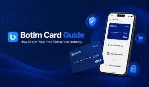 Banner for Botim Card Guide showing a smartphone with a virtual Visa card, dark blue gradient background, and icons for security, shopping, and payment.