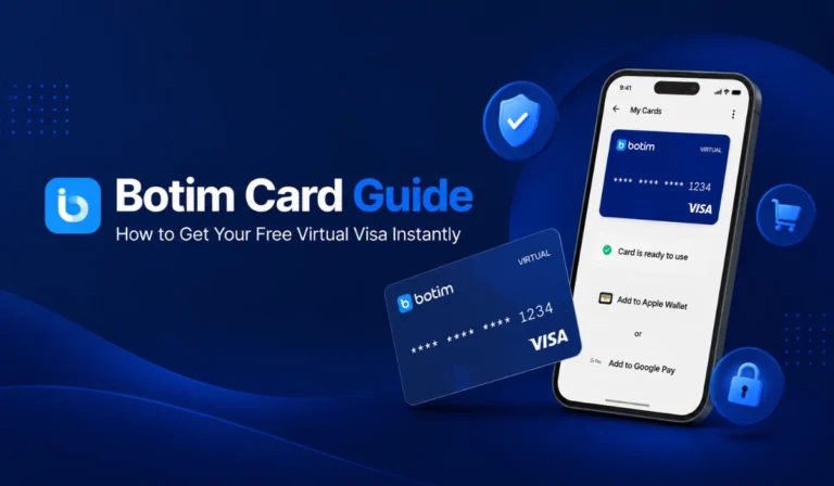 Banner for Botim Card Guide showing a smartphone with a virtual Visa card, dark blue gradient background, and icons for security, shopping, and payment.