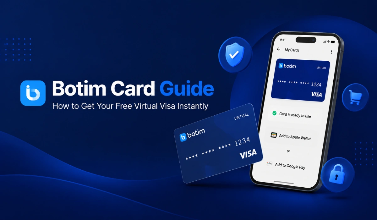 Banner for Botim Card Guide showing a smartphone with a virtual Visa card, dark blue gradient background, and icons for security, shopping, and payment.