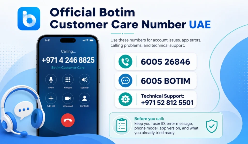 Official Botim customer care number UAE infographic with phone, technical support number, and extra contact options.