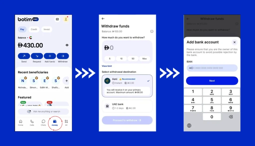 Step-by-step app screenshots demonstrating how to transfer money from a Botim wallet to an Mbank or UAE bank account.