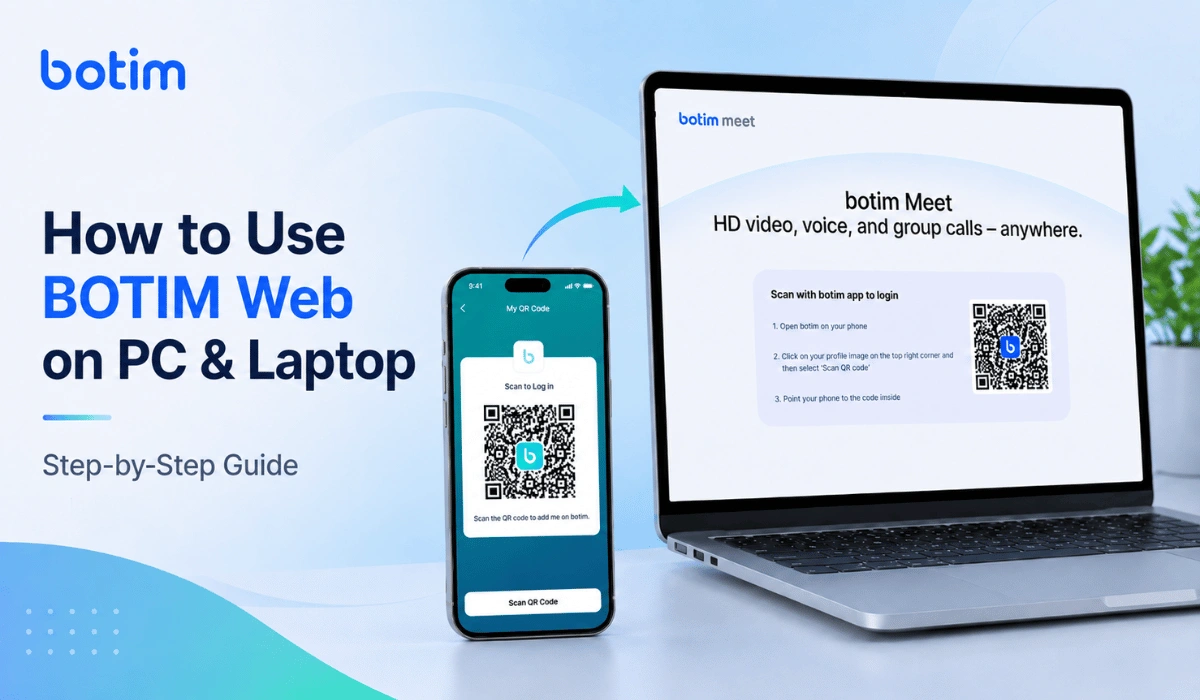 BOTIM Web step-by-step guide image showing a phone scanning a QR code to log in on a laptop with a blue BOTIM-style design.