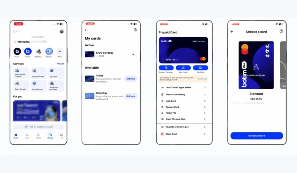 Four Botim app screens showing card setup steps, red step numbers, with all personal info blurred.