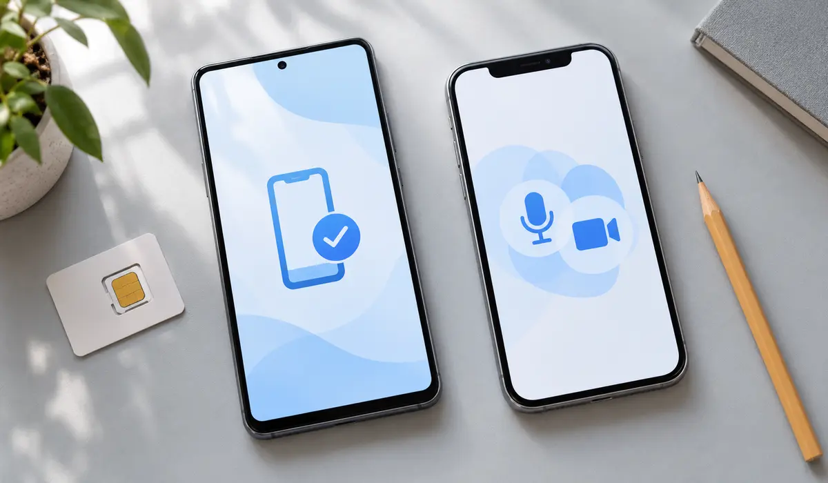 Two smartphones showing mobile verification and permission symbols