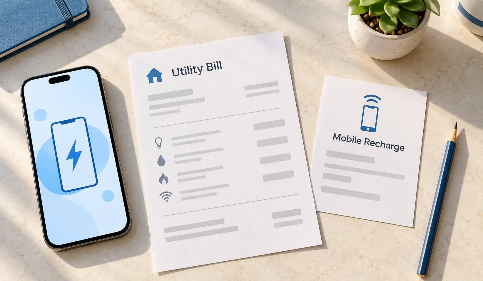 Illustration of a utility bill and mobile recharge beside a smartphone