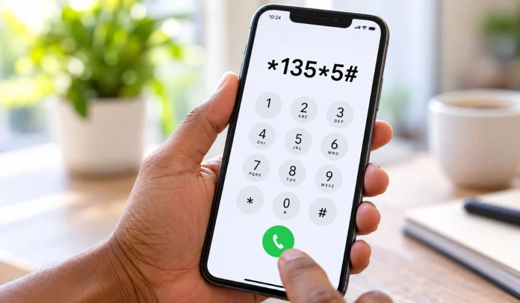 Person holding a smartphone with the dial pad open and the code 1355# entered on screen to activate du 1 month non-stop data package.