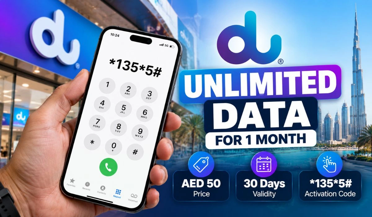 Du Unlimited Data for 1 Month image showing the du logo, AED 50 price, 30-day validity and 1355# activation code on a smartphone.