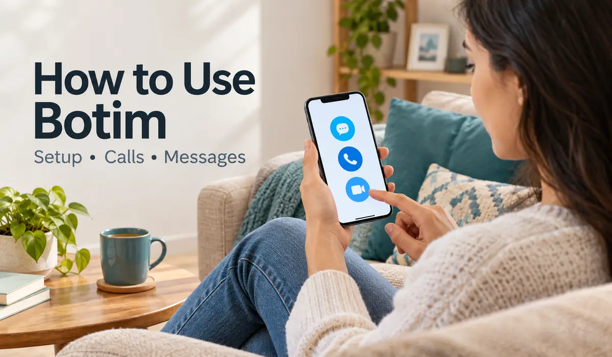 Woman using a smartphone with call and message symbols